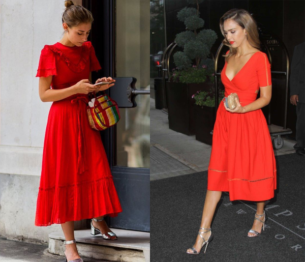 Quyến rũ, sang trong là những tính từ mô tả bộ đôi váy đỏ và giày ánh bạc.