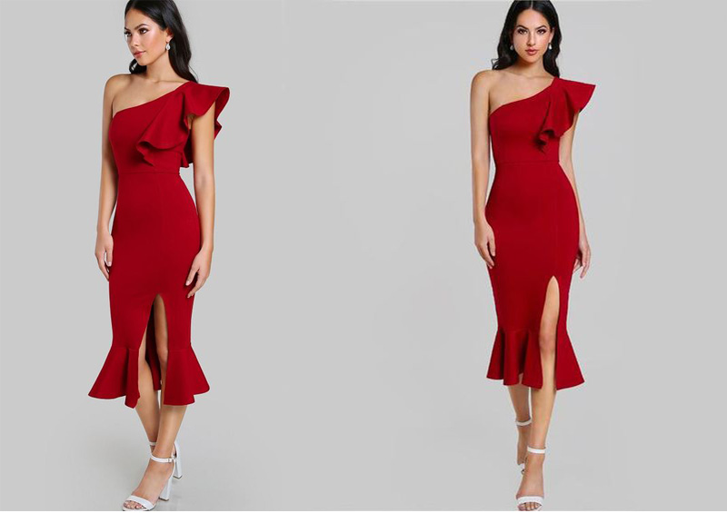 Váy đầm lệch vai màu đỏ dáng xòe