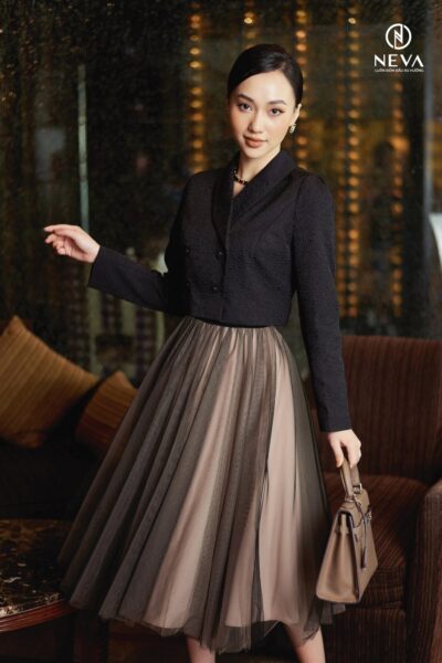 Alternative view of Chân váy lưới midi 3 lớp đen mix lót be 21F3W320403T01