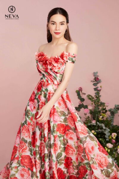 Alternative view of Đầm dạ hội vai đính hoa 3D họa  tiết hoa hồng 21F1W460330H012