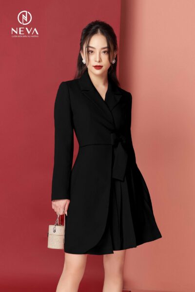 Alternative view of Đầm vest vặt lệch tuytsi ĐEN 21F2W490416T011