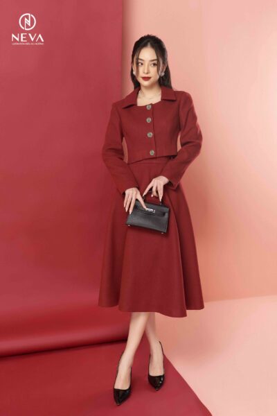 Alternative view of Chân váy midi dạ dáng A màu đỏ 21F2W320436T012