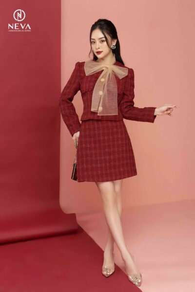 Alternative view of chân váy tweed đỏ đô 21F3W300477T012