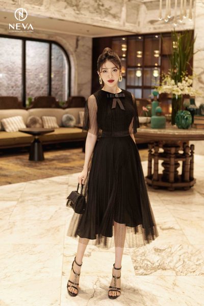 Alternative view of Đầm midi ren lưới đính nơ 22S2W430543T011