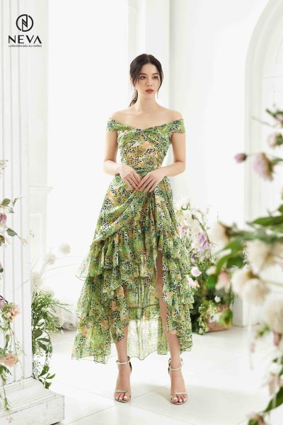 Alternative view of Đầm trễ vai xẻ bèo lệch in hoa 22S2W430569H014