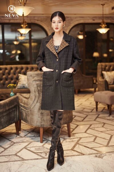 Alternative view of Áo khoác dạ tweed đen in phối ve cổ 22F3W730663T011