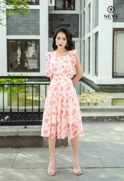 Áo sát nách nhún bèo Neva cổ vuông in poppy trắng 21S3W130309H010