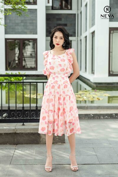 Áo sát nách nhún bèo Neva cổ vuông in poppy trắng 21S3W130309H010