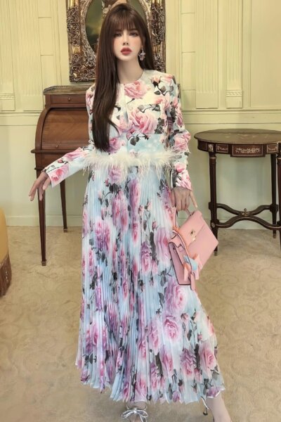 Chân váy midi dáng dài, rập nhăn rẻ quạt 25S1W320087H015