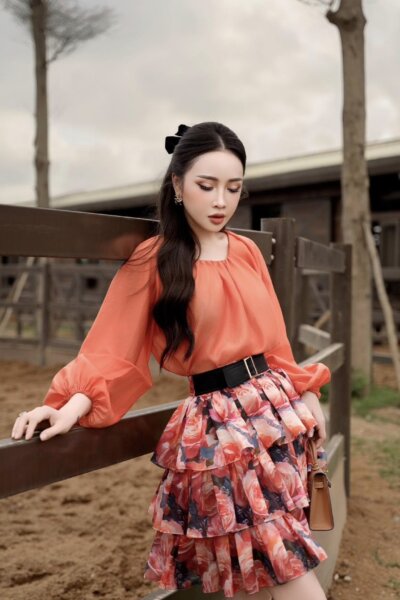 Áo sơ mi tay zeclan dài tay, cổ tròn Rose Ember 25S1W145001T015