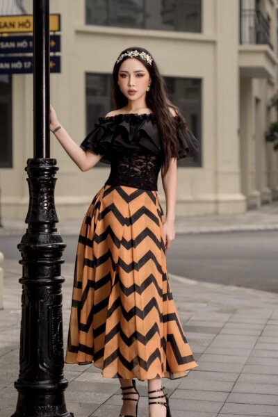 Chân váy midi xòe dáng dài Aurora 25S1W323001H013