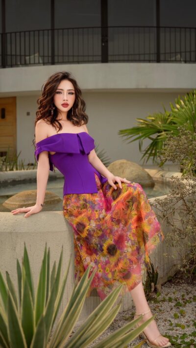 Áo công sở trễ vai Aurora Petals 25S1W139003H017