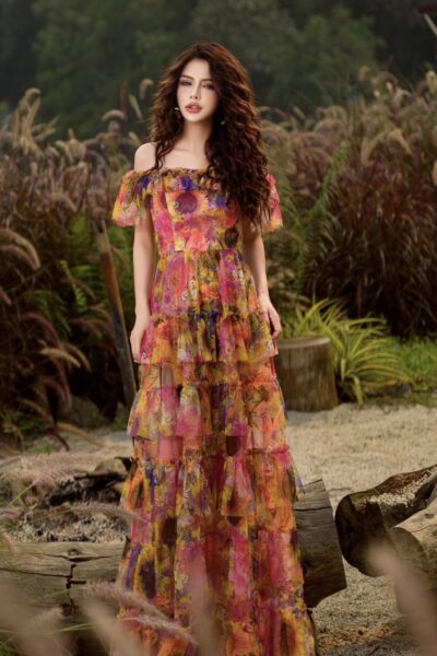 Đầm maxi trễ vai Coral Bloom 25S1W439001H017