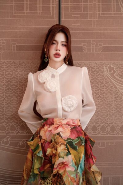 Áo sơ mi dáng xuông nhẹ, dài tay, cổ tàu Crimson Spirit 25S1W140707T010