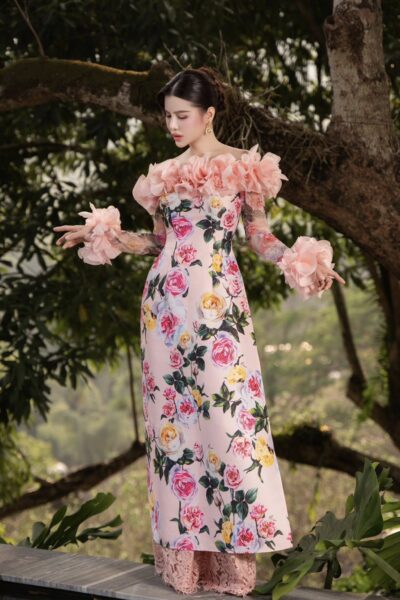 Áo dài trễ vai xếp hoa laser đẹp mắt Core Neva 25S1W660103H021